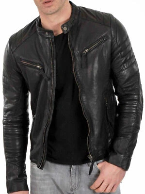 Mens Real Lambskin Leather Jacket Black Motorcycle Slim Fit Stylish Biker Jacket - Image 1 of 4