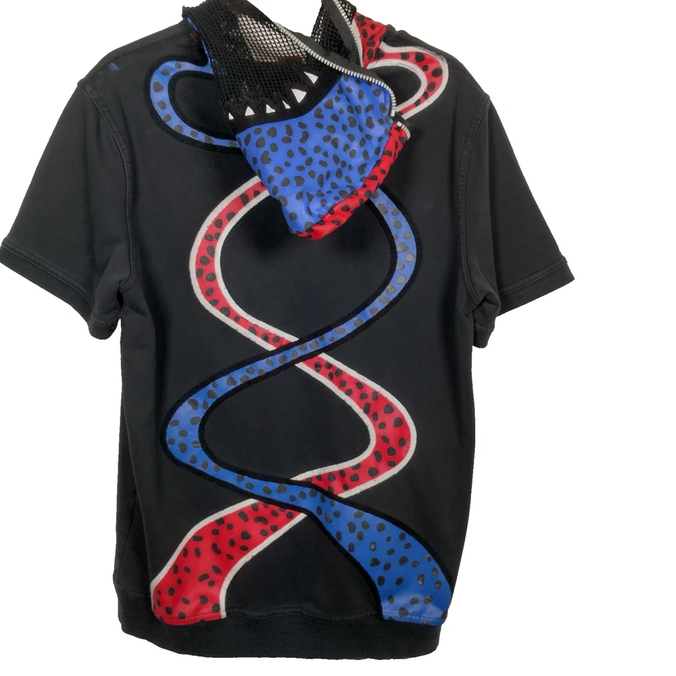 Vintage 1990s Ron Bass Shirt 2XL Black Red Blue Snake Zip Up Mesh Hooded Teeth - Image 1 of 4