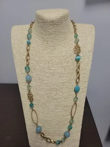 Long  Necklace Art Glass and Lucite Beads Gold Tone Openwork Aqua Faceted - Picture 1 of 10