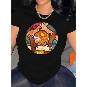 Women's Casual Round Neck T-shirt, Solidarity Handshake Seasonal Print Pattern - Picture 1 of 12