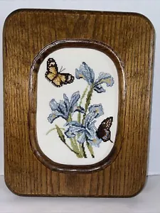 Iris Flowers Butterflies Cross Stitch Wood Framed Completed Wall Hanging 12x9” - Picture 1 of 10
