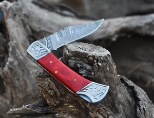 Damascus handmade Back Lock Folding Pocket knife Camping Hunting knife & Pouch - Picture 1 of 9