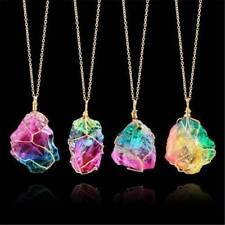 UK  Rock Chakra Jewelry Natural Crystal Necklace Irregular Rainbow Stone Pendant