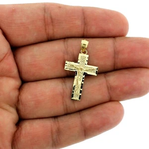 Mens Real 10K Yellow Gold Diamond Cut Jesus Crucifix Cross Charm Pendant - Picture 1 of 7