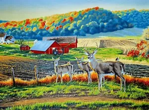 Whitetail Deer Panel Fabric 40" Long x 21" Elizabeths Studio Farm Rural Red Barn - Picture 1 of 6