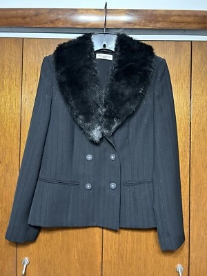Vntg Amanda Smith Black Double Breasted Blazer Faux Fur Detachable Collar•Sz 6 - Image 1 of 4