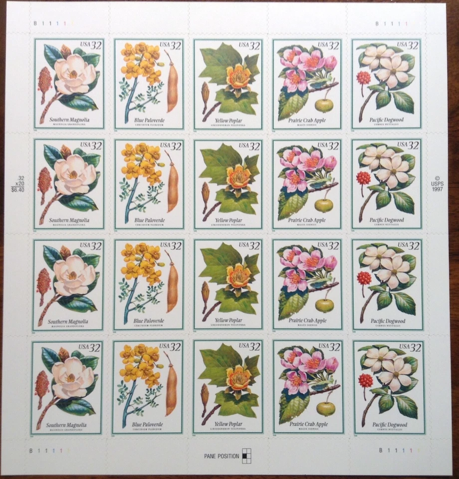 US Scott # 3193 - 3197 Flowering Trees Stamp Sheet -  1998 - Image 1 of 1