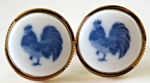 Vintage Royal Copenhagen DENMARK Porcelain Cufflinks Big Blue Rooster - Picture 1 of 5