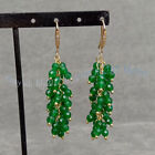 4mm Faceted Green Jade Round Gems Beads Grape Cluster Dangle Gold Hook Earrings