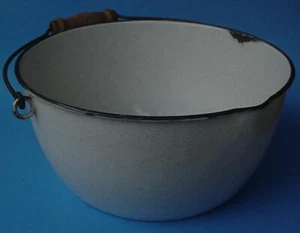 Vintage White Porcelain Speckled Black Trim EnamelWare Kettle Bucket Wood Handle - Picture 1 of 18