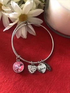 Hearts, Pink Rhinestone Expandable Charm Bracelet Bangle Silver Plated 12-20-9 - Picture 1 of 2