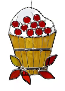 Stained Glass Suncatcher Apple Basket Large Handmade 6x4 Inches Red Gold Leaves - Picture 1 of 2