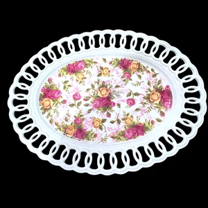 Vintage Royal Albert Old Country Roses durchbohrt ovale Platte Gitterrand 14" - Bild 1 von 7