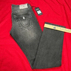True Religion Jeans Mens Size 30x34 Ricky Big T Flap Relaxed Straight Gray Denim - Picture 1 of 14