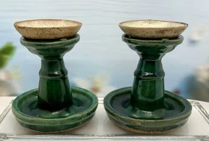 Chinesische Shiwan 2er Set grüne Keramik Öllampen mit Ölschale 4 Zoll - Bild 1 von 7