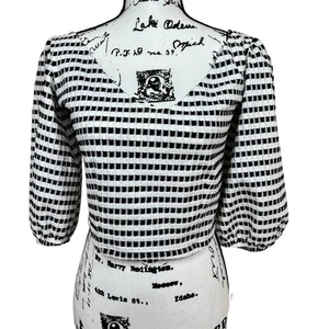 Zara black top checker V-neckline balloon sleeves checker blouse size L baddie - Picture 1 of 13