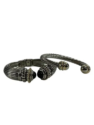 Cuff Bracelet Bundle of 2 Silver & Gold Tone Metal Twisted Ribbed Black Stone - Image 1 of 4