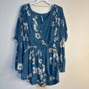 Free People Womens Turquoise Floral Long Sleeve Tuscan Dreams Tunic Dress M - Picture 1 of 12