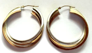 Splendidi orecchini a cerchio in argento sterling tricolore riempiti in oro 14 carati 1,25" - Foto 1 di 7