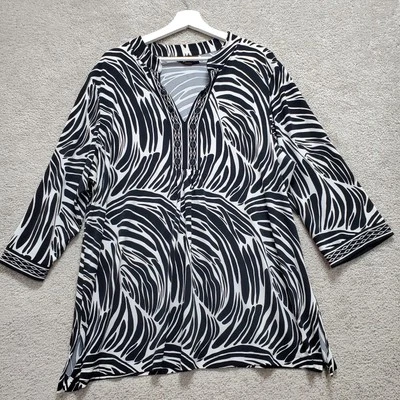 Top túnica Dana Buchman para mujer 2X negro blanco estampado de cebra estrás cuello dividido Foto 1 de 4