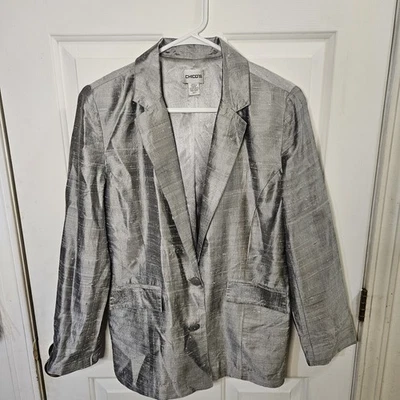 Chico's Metallic Gray Blazer 100% Silk Lining Size 1 - Image 1 of 3