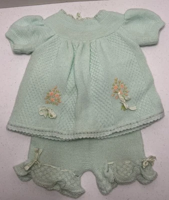 Vintage Knit Baby Doll Mint Green Outfit Dress Bloomers Embroidered Flowers  - Image 1 of 4