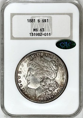 1881 S MORGAN SILVER DOLLAR NGC & CAC MS63 EMBOSSED GOLD OLD FATTY HOLDER - Image 1 of 2