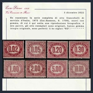 Italia Regno 1875 Servizio Serie completa n. 1/8 Certificato Diena Integri MNH - Foto 1 di 5