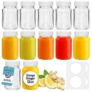 HEFTMAN Small Glass Bottles With Lids 60mL Ginger Shot Juices Airtight 12 Pack - Picture 1 of 6