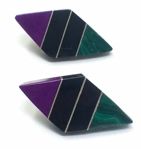 Vintage Taxco Purple 925 Silver Black Green Diamond Shape Earrings - Picture 1 of 3