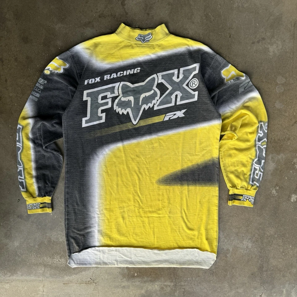 Camiseta deportiva vintage años 90 Fox Racing motocross amarilla negra manga larga AOP grande 1997 Foto 1 de 4