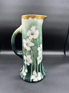Vintage handbemalte weiße Blumen grüner Henkel Krug Vase Gold Detail Frankreich - Bild 1 von 8