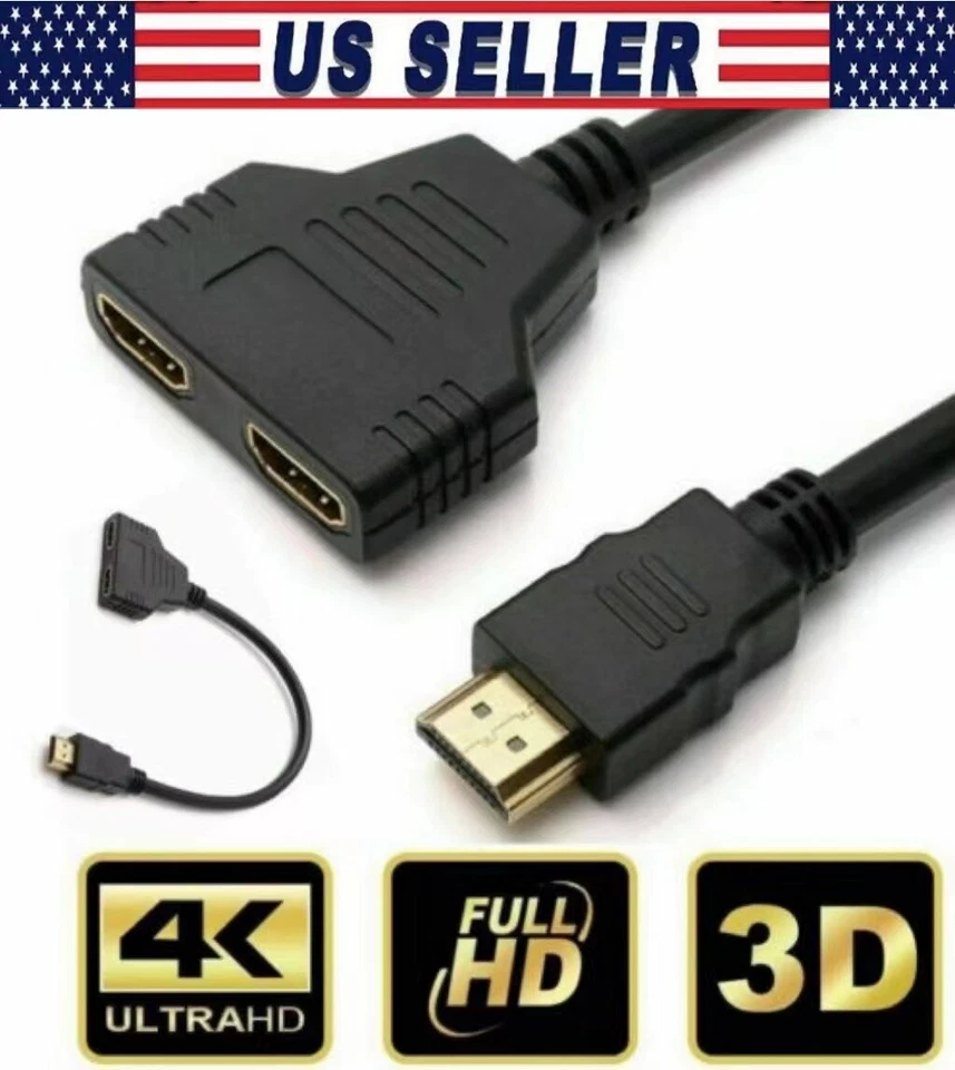 4K HDMI Cable Adapter Male To Dual Female 2.0 Converter 1 in 2 out Y Splitter TV - Image 1 of 4