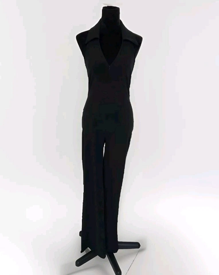 Vtg Trilogy Rampage Clothing Co Black Jumpsuit V-neck Collared FRONT ZIP Size M  - Изображение 1 из 4