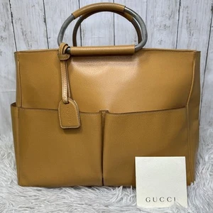 GUCCI Borsa a mano in pelle marrone logo vintage grande tote bag 35,5x27,5x12 cm autentica - Foto 1 di 12