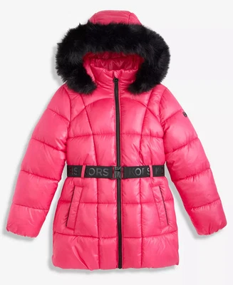 Michael Kors Puffer Jacket Coat Girl Pink Full Zip Faux Fur Hood SZ 10/12  NWT - Image 1 of 4