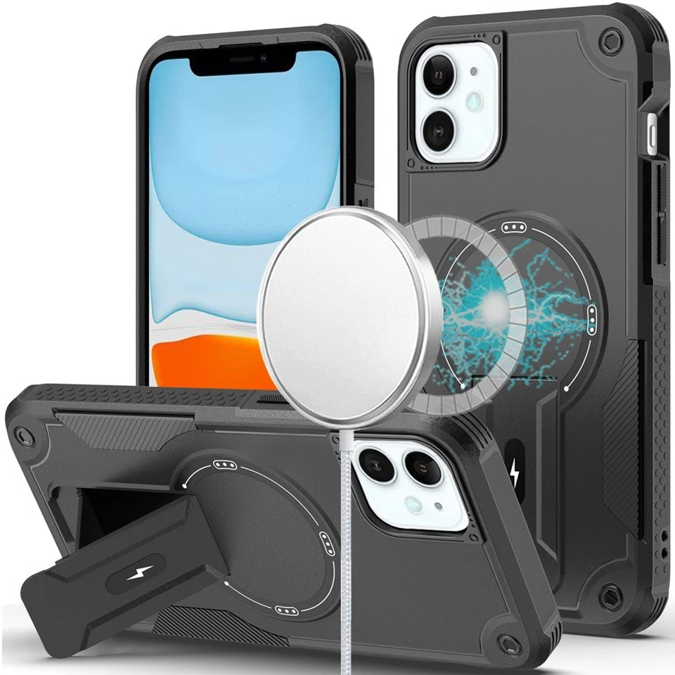 GENERIC For iPhone 11 6.1 in. Case Magnetic Circle Rugged Grip Kickstand +Tempered Glass