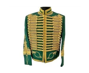 Herren grüne Baumwolle Husaren Militär Jacke mit Gold Flechtband Parade Kostüm - Bild 1 von 2