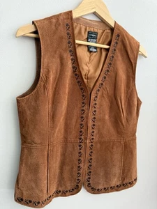 Vintage Outbrook Leather Vest V-Neck Pockets Women’s Sz M Western Embroidered - Picture 1 of 10