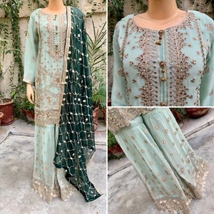 Pakistani Light Green Straight Style Embroidered Sequins Chiffon Gharara Dress - Picture 1 of 14