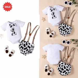 Kids Infant Boy One 1st Birthday Outfit Short Sleeve Bow Tie Romper Shorts Pants - Picture 1 of 8