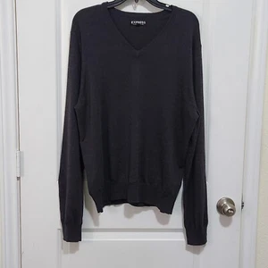 Express Herren L Merinowolle grau V-Ausschnitt Langarm Pullover Sweater Dark Academia - Bild 1 von 5