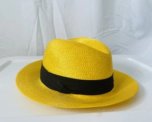 Vintage 90’s Panama Hat Bright Yellow Straw Womens Sun Hat Black Silk Band EUC - Picture 1 of 5