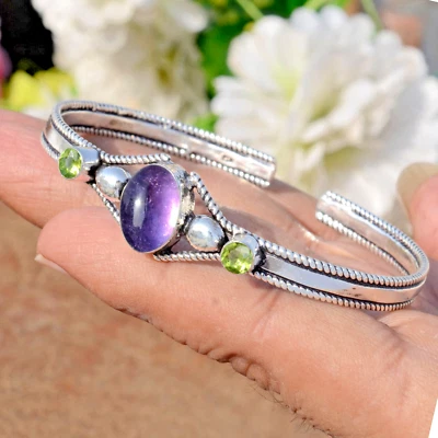 Amethyst & Peridot Cut Gemstone 925 Sterling Silver Bracelet For Prefect Gift - Image 1 of 4