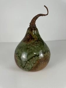 Large Ceramic Art Green Brown Pear Sculpture Drip Glaze Twisted Metal Wire Stem - Picture 1 of 7