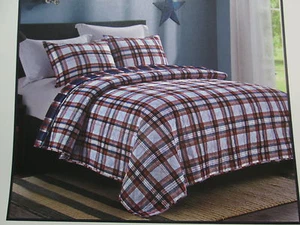 Ivy Hill Home DYLAN Reversible Twin Quilt & Sham Set ~ Navy, Red,White Plaid NEW - Picture 1 of 11