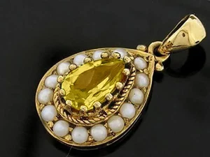 PE163 GORGEOUS Genuine 9ct Gold Natural Citrine & Seed Pearl Drop Tear Pendant - Picture 1 of 2