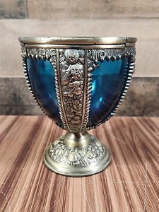 Vintage Ornate 5" Brass Metal Goblet w/Blue Glass Inner Cup Treasure Prop Decor - Picture 1 of 8