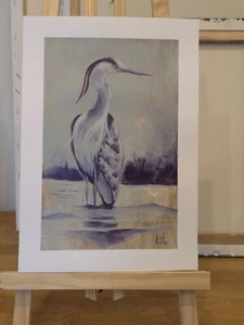 Original Reiher im Wasser Acrylbild Gemälde Handgemalt DinA4 minimalistisch - Bild 1 von 1