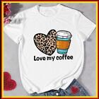 Coffee Valentines Day Women T-Shirt Leopard Love Print Summer Tees Casual Tops